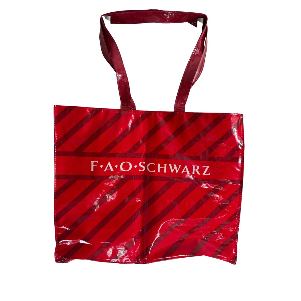 FAO Schwarz Red Striped Glossy Tote Bag Iconic Logo Shopper with Inner Pocket